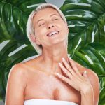 Beauty, skincare and senior woman in a studio with an anti aging, natural and organic face routine